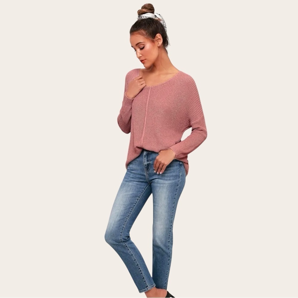 Lulu's | Eloise Dusty Pink V-Neck Loose Knit Sweater | Sz S - Picture 2 of 9